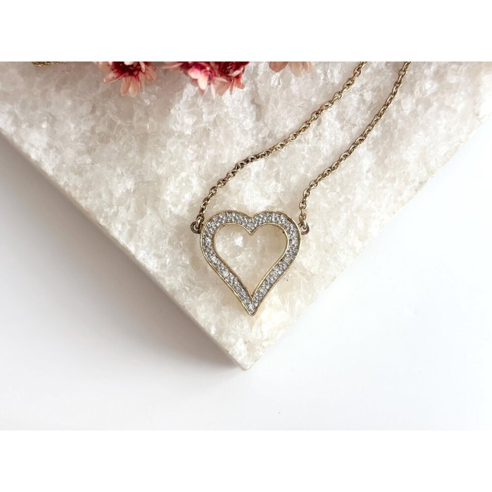 Heart Shaped Rhinestone Sterling Silver Gold T Vintage Pendant Necklace - 17" - Picture 2 of 11
